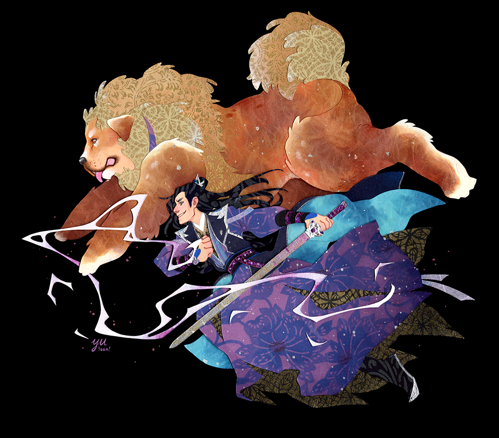 1boy animal black_background black_hair brown_dog brown_eyes brown_fur chinese_clothes commission dog full_body gold hair_ornament hanfu holding holding_sword holding_weapon jian_(weapon) jiang_cheng lightning long_hair long_sleeves male_focus modao_zushi oversized_animal paper_cutout_(medium) papercraft_(medium) patterned_hair print_robe purple_hanfu purple_robe robe simple_background smile snake_bracelet solo sword tongue tongue_out unconventional_media weapon whip wuxia xiao_guan_(headdress) yutaan