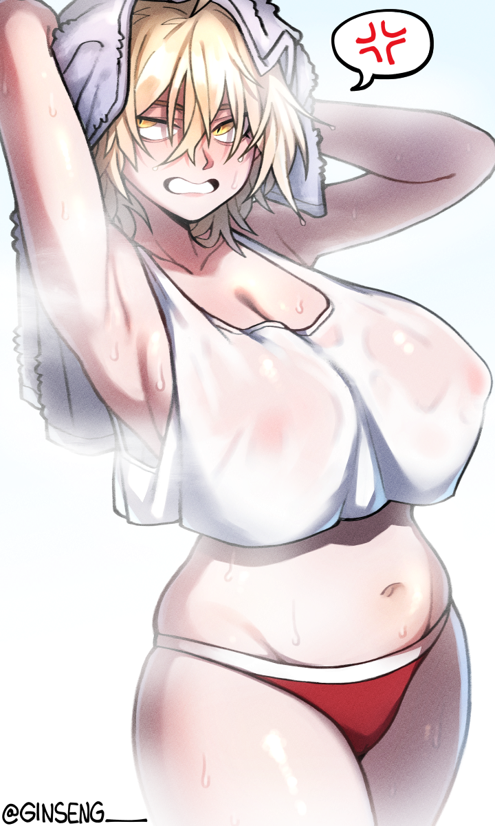 1girl armpits arms_up blonde_hair breasts cameltoe chris_(ginseng) covered_erect_nipples ginseng_(xin) highres large_breasts original panties see-through_clothes short_hair steam tank_top towel towel_on_head underwear yellow_eyes