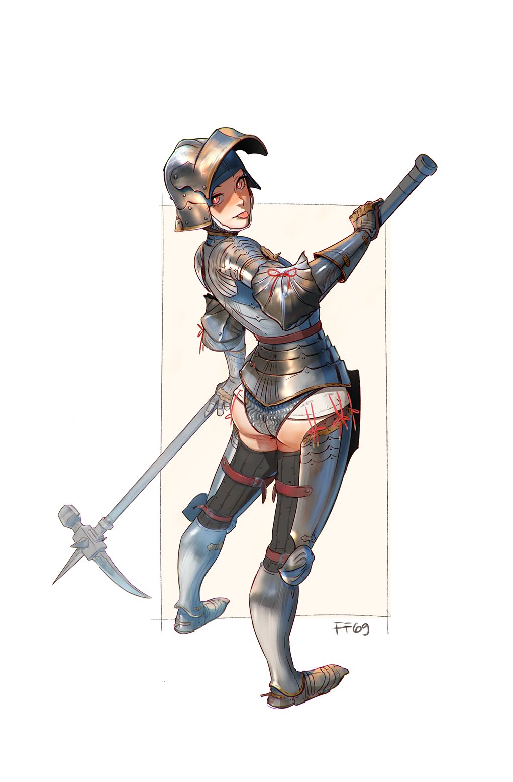 1girl arm_up armor artist_name ass breastplate butt_crack chainmail chausses counter cuirass cuisses facing_away faulds female_knight ff69_(ff69x) full_armor full_body gorget greaves helmet highres holding holding_weapon knight leg_armor looking_at_viewer looking_back orange_eyes original outside_border pauldrons pinup_(style) poleyn red_ribbon revealing_clothes ribbon sabaton shoulder_armor solo solo_focus standing tongue tongue_out warhammer weapon