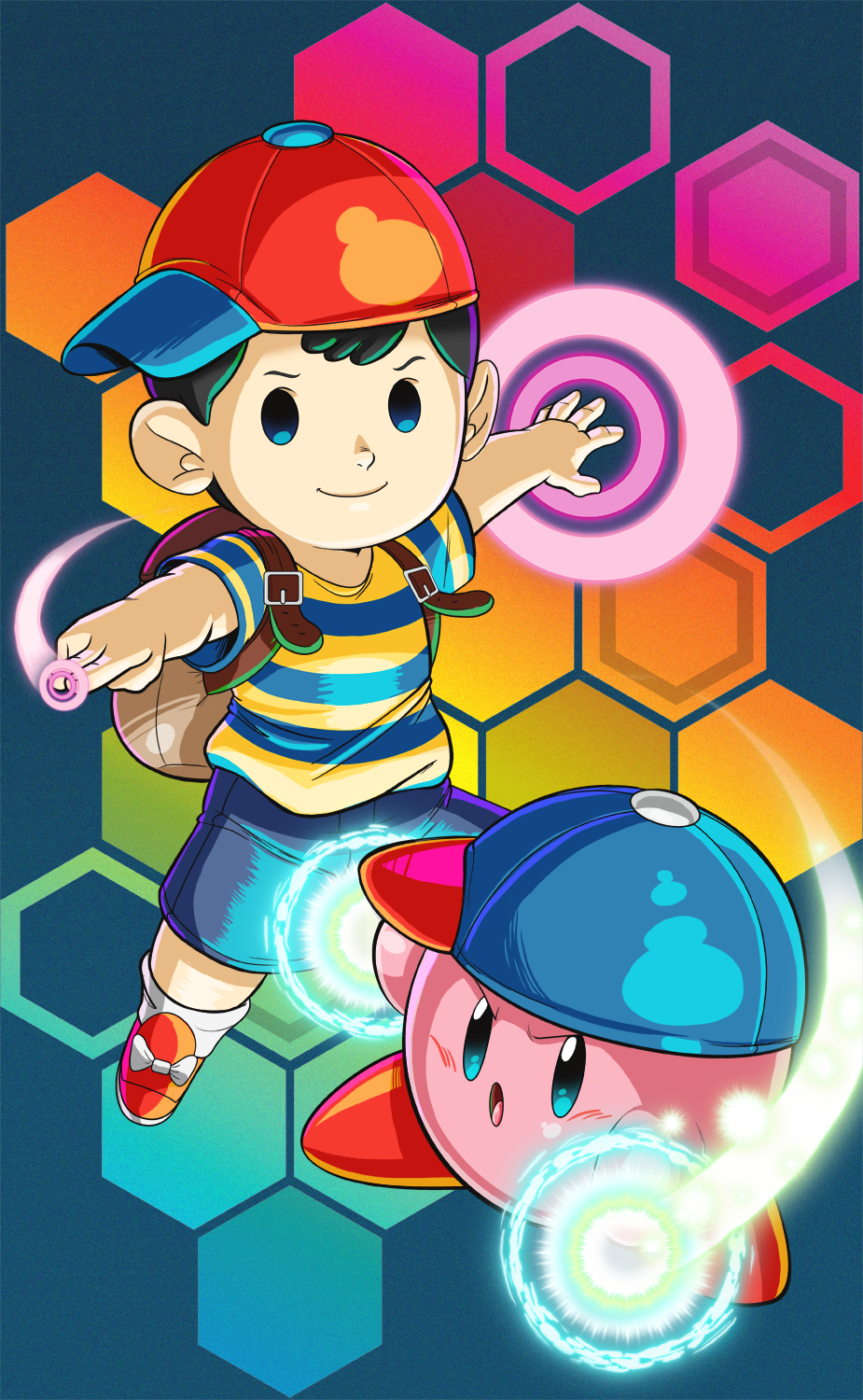 1boy baseball_cap black_hair blue_eyes child crossover esp_kirby hat hexagon highres honeycomb_(pattern) honeycomb_background honeycomb_pattern kirby kirby:_planet_robobot kirby_(series) looking_at_viewer mother_(series) mother_2 ness_(mother_2) nintendo power_connection psychic smile solid_oval_eyes super_smash_bros. trait_connection