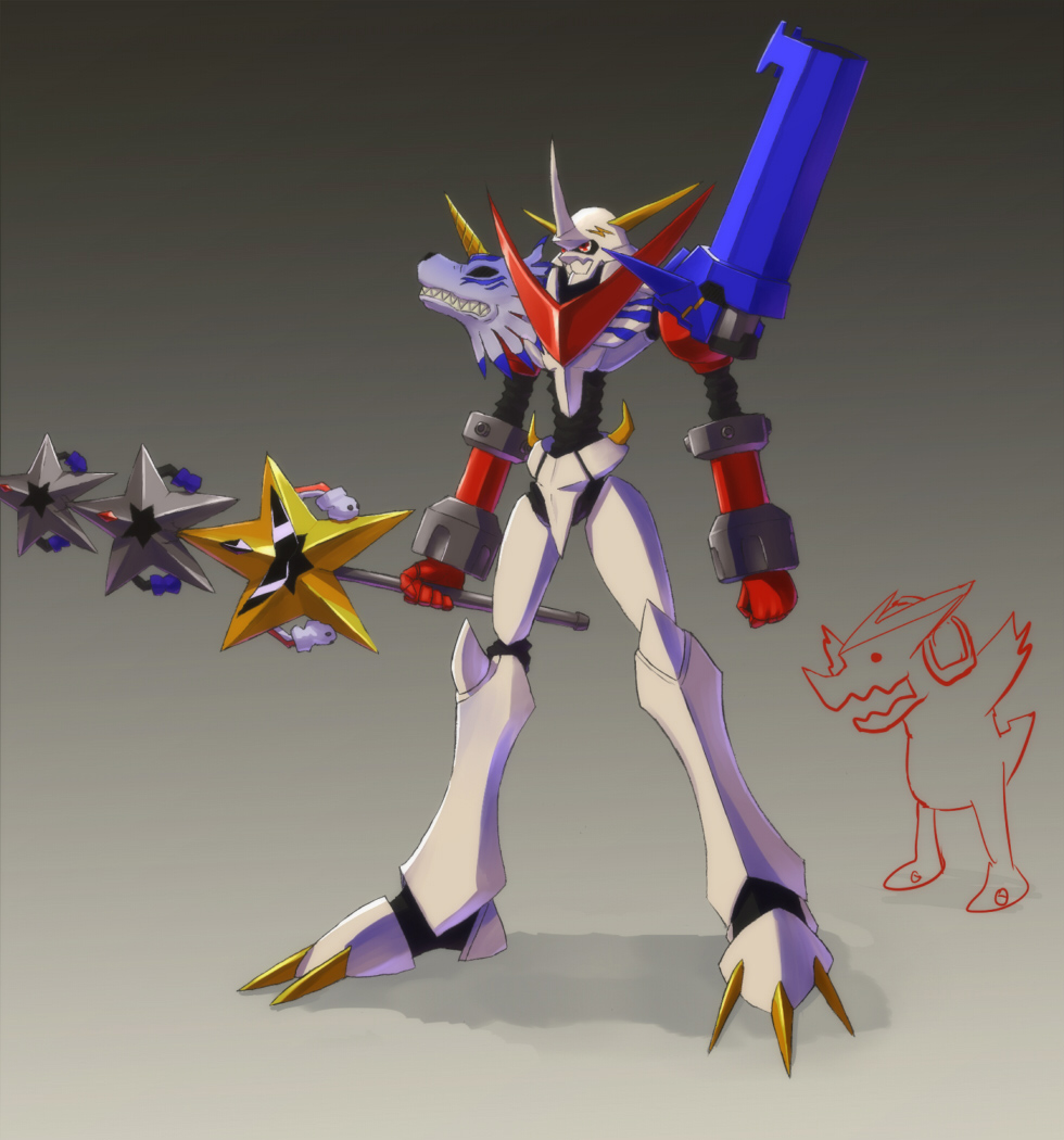 bolgmon claws digimon digimon_(creature) fusion garurumon headphones looking_at_another omegamon original shoutmon shoutmon_x4 starmon superstarmon