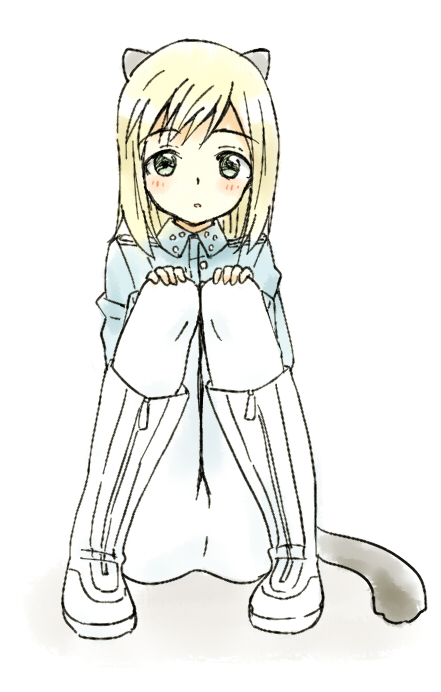 1girl :o animal_ears blonde_hair blush boots elma_leivonen female_focus full_body green_eyes hands_on_own_knees hatopoo_(beach7pijon) long_sleeves military military_uniform pantyhose short_hair simple_background sitting solo strike_witches strike_witches:_suomus_misfits_squadron tail weasel_ears weasel_tail white_background white_boots white_pantyhose world_witches_series