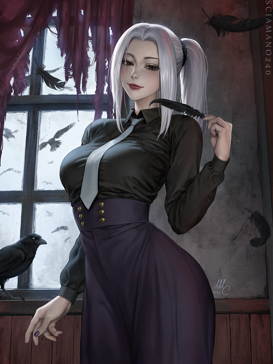 1girl animal artist_name bird black_eyes black_feathers black_shirt breasts closed_mouth commentary crow curtains english_commentary feathers grey_hair highres indoors jujutsu_kaisen large_breasts lips long_hair long_sleeves looking_at_viewer mei_mei_(jujutsu_kaisen) nail_polish necktie ponytail purple_nails purple_skirt red_lips sciamano240 shirt skirt solo torn_curtains white_necktie window