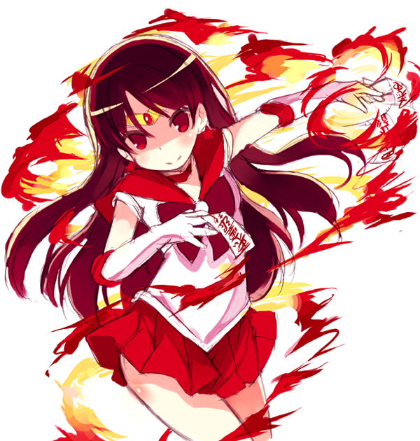 1girl bishoujo_senshi_sailor_moon blush bow bowtie closed_mouth earrings elbow_gloves female_focus fire gloves hino_rei holding jewelry kurasuke long_hair looking_at_viewer ofuda outstretched_arm pleated_skirt pretty_guardian_sailor_moon red_bow red_bowtie red_eyes red_hair red_skirt sailor_mars school_uniform serafuku shirt skirt sleeveless sleeveless_shirt smile solo star_(symbol) star_earrings very_long_hair white_background white_gloves white_shirt