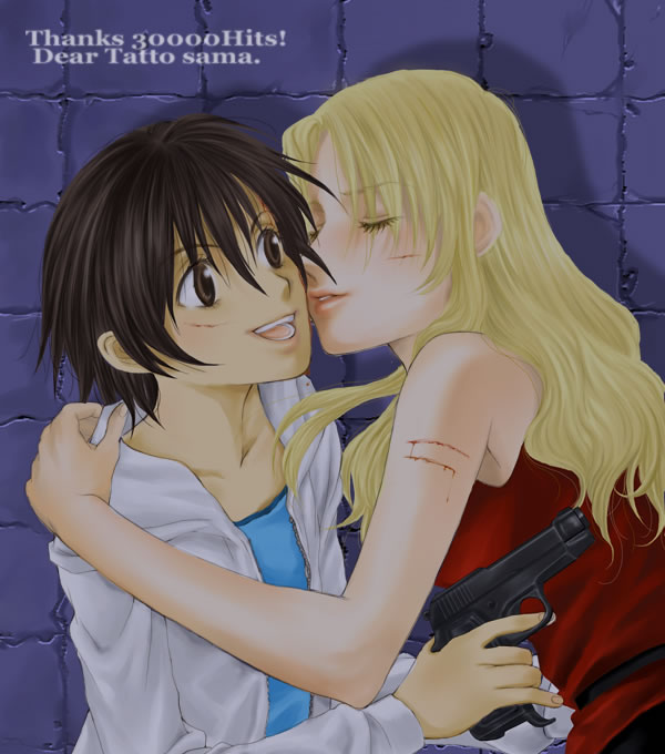 00s 2girls :d bare_shoulders beretta_m1934 blonde_hair blood brown_hair closed_eyes cuts eyelashes gun hand_on_another&#039;s_shoulder handgun holding holding_gun holding_weapon imminent_kiss injury kiss kissing_cheek magazine_(weapon) mico3 mireille_bouquet multiple_girls noir_(anime) open_clothes open_mouth parted_lips pistol sleeveless smile thank_you wall weapon yuri yuumura_kirika