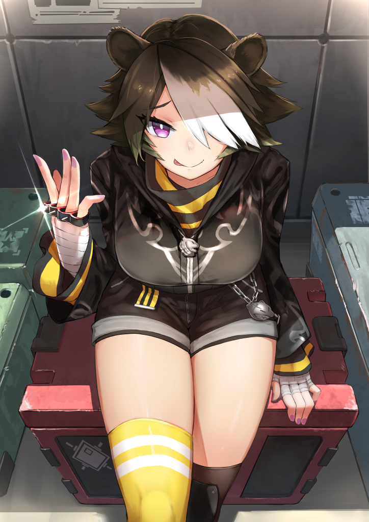 1girl animal_ears arknights bear_ears beehunter_(arknights) brown_hair hair_over_one_eye jacket long_sleeves looking_at_viewer multicolored_hair multiple_girls purple_eyes shiny_skin short_hair shorts simple_background smile solo thighhighs thighs two-tone_hair white_hair zijou