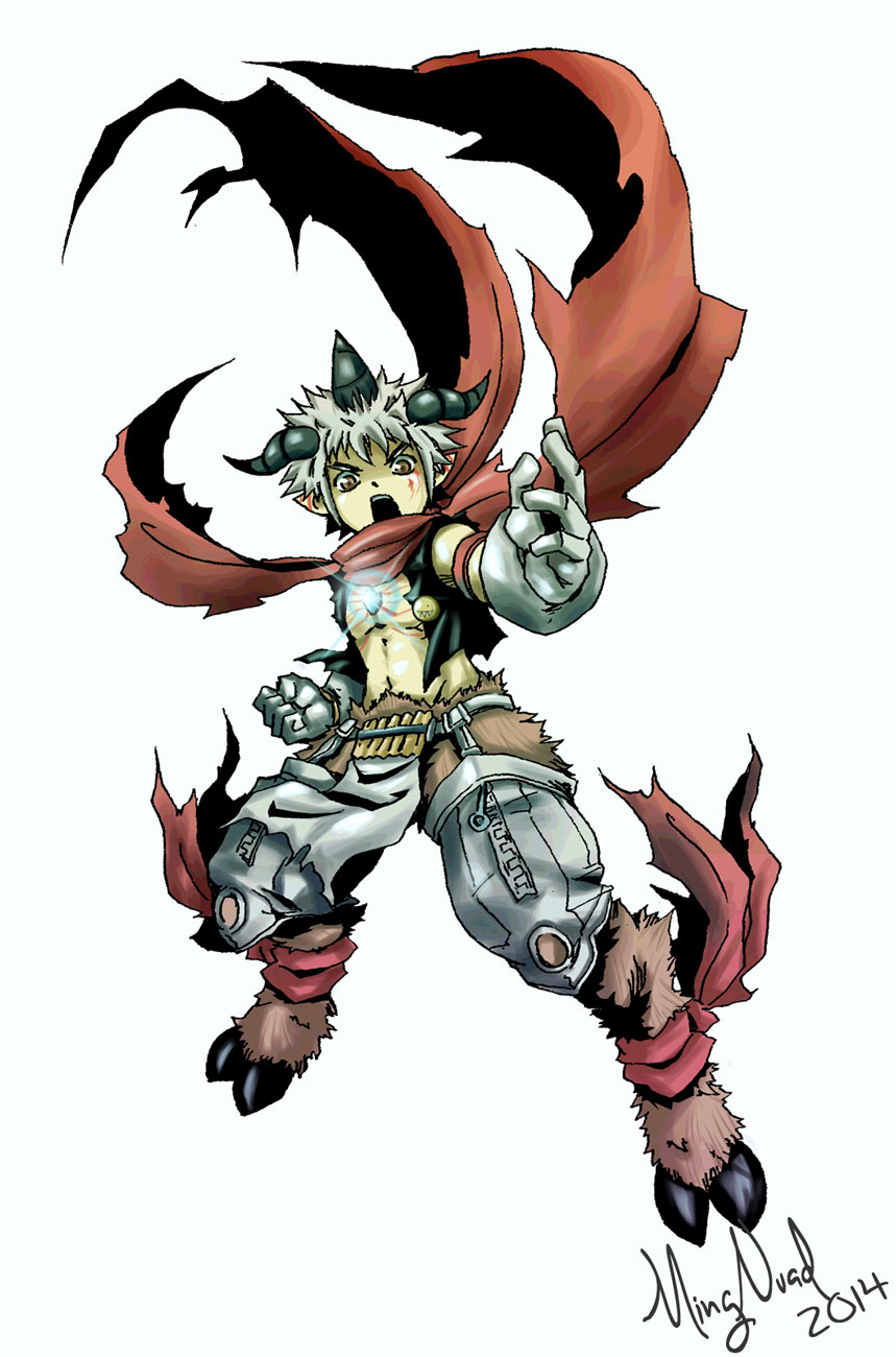 1boy aegiomon cloud digimon digimon_(creature) highres horns male_focus open_mouth scarf solo