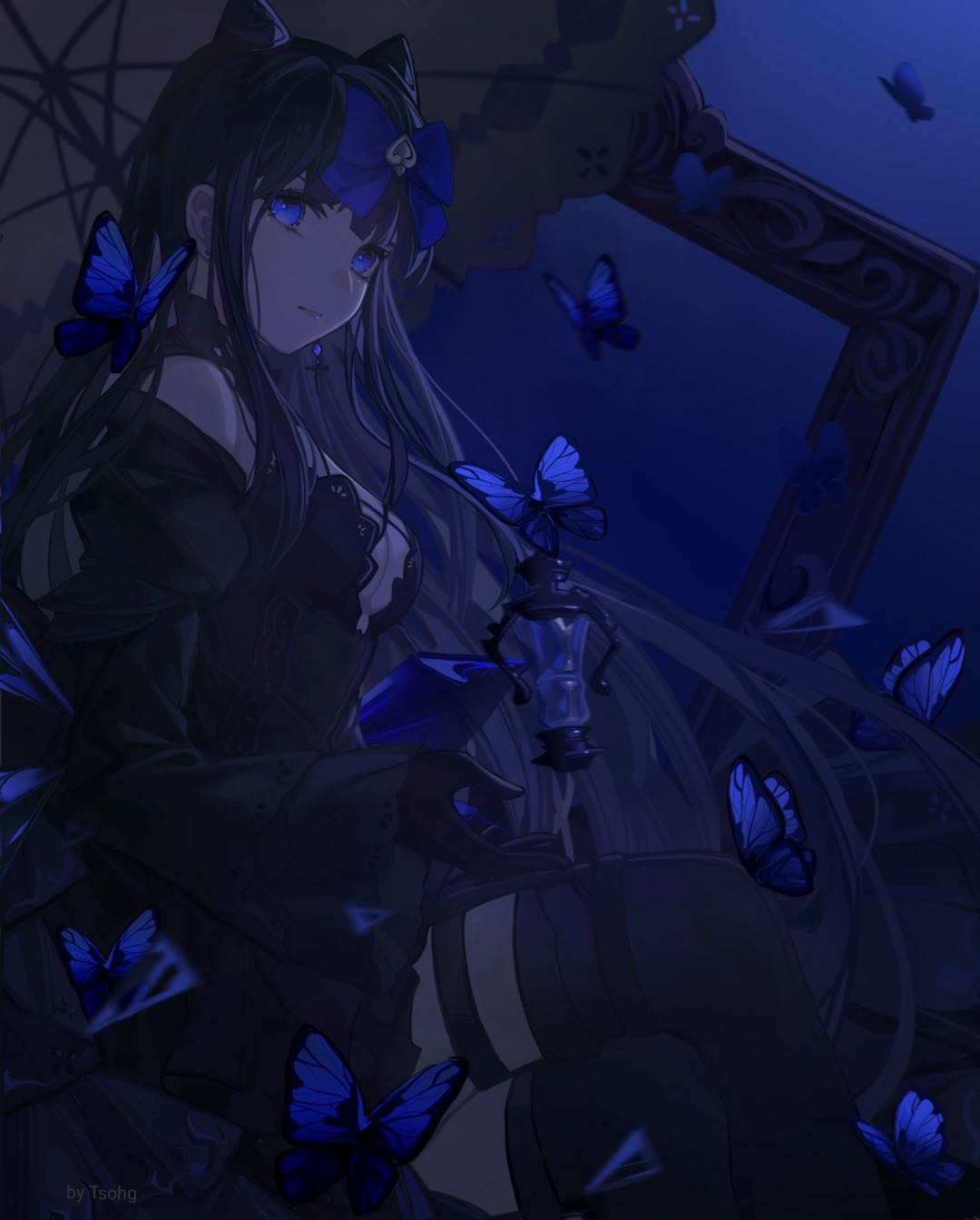 1girl arcaea black_gloves black_hair blue_butterfly blue_eyes bow breasts bug butterfly cone_hair_bun crystal detached_sleeves glass_shards gloves hair_bow hair_bun highres insect looking_at_viewer solo tairitsu_(arcaea) tairitsu_(tempest)_(arcaea) tsohg umbrella
