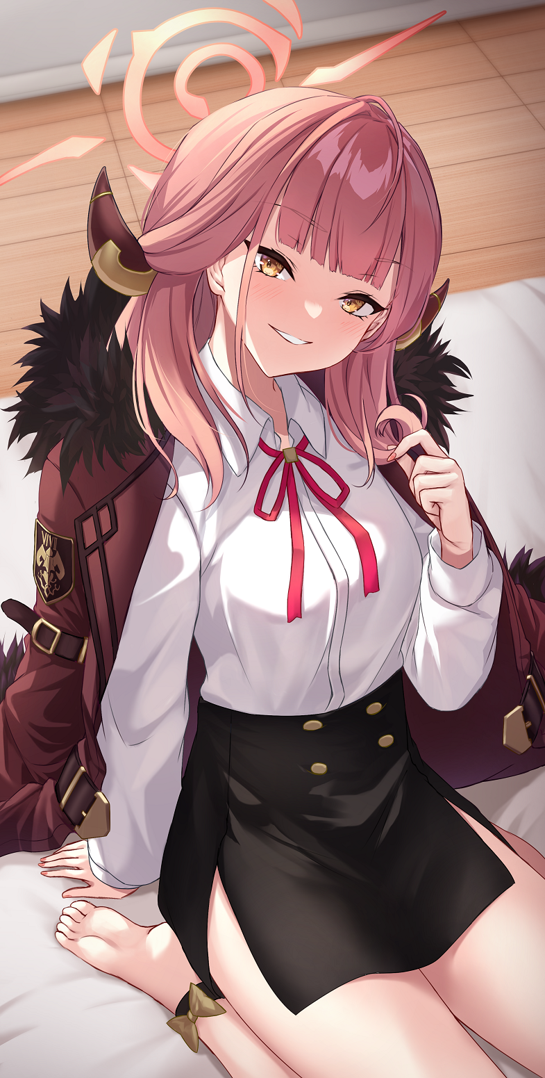 1girl adjusting_hair ankle_bow ankle_ribbon aru_(blue_archive) bedroom black_skirt blue_archive bow coat coat_on_shoulders collared_shirt commentary_request demon_horns fur-trimmed_coat fur_trim grin halo high-waist_skirt highres horns indoors kneeling knees_out_of_frame long_sleeves looking_at_viewer merxkialis neck_ribbon on_bed pink_hair red_ribbon ribbon shirt shirt_tucked_in side_slit sidelocks skirt smile solo white_shirt wooden_floor yellow_eyes