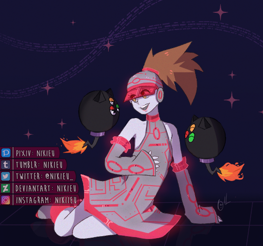 1girl bomb bommon closed_eyes digimon explosive looking_at_another smile star_(sky) third_eye