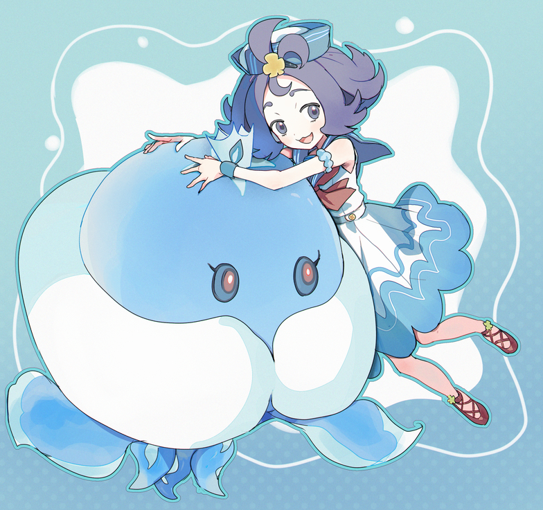 1girl :d acerola_(pokemon) acerola_(summer_2024)_(pokemon) armlet commentary_request dress flipped_hair gen_5_pokemon grey_eyes hair_ornament hands_up happy hat jellicent jellicent_(male) jewelry medium_hair mxkjxm_(nhss2337) nintendo open_mouth pokemon pokemon_(creature) pokemon_masters_ex purple_hair red_footwear shoes smile topknot white_dress wristband