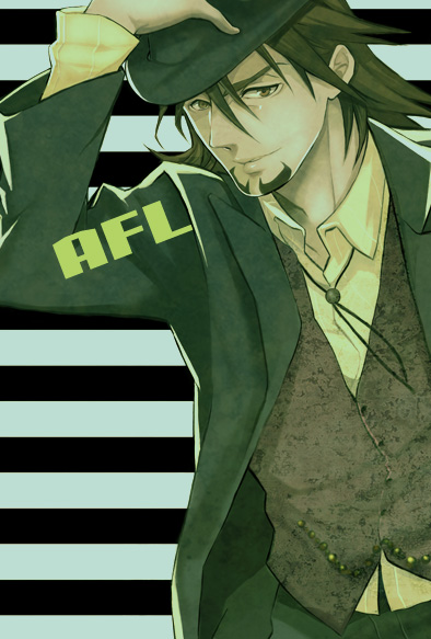 10s 1boy bad_id bad_pixiv_id brown_eyes brown_hair facial_hair fedora hand_on_headwear hat jacket jun_(ash) kaburagi_t._kotetsu male_focus solo stubble tiger_&amp;_bunny vest waistcoat