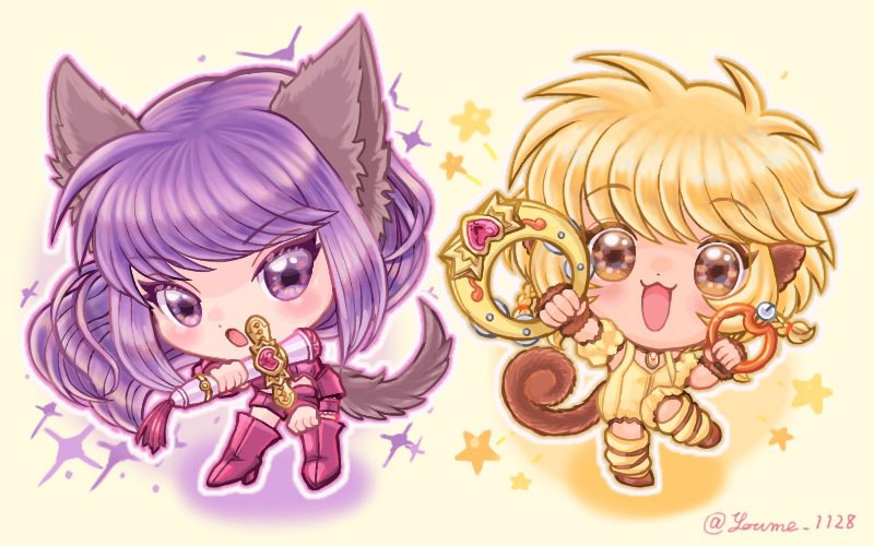 2girls :3 animal_ears chibi chibi_only fong_pudding fujiwara_zakuro holding holding_weapon magical_girl mew_pudding mew_zakuro monkey_ears monkey_girl monkey_tail multiple_girls suruga_kanade tail tokyo_mew_mew weapon weapon_request wolf_ears wolf_girl wolf_tail