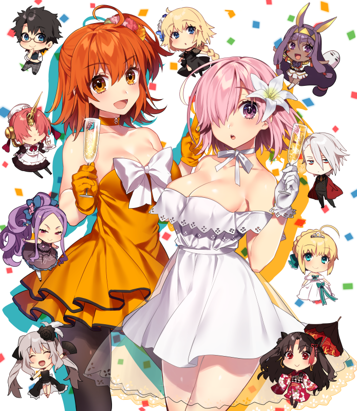 2boys 6+girls :&gt; :d :o ^_^ ahoge alcohol alternate_costume ancient_egyptian_clothes apron artoria_pendragon_(fate) asymmetrical_bangs bare_legs bare_shoulders black-framed_eyewear black_dress black_flower black_hair black_pantyhose blonde_hair blue_eyes blush braid breasts champagne champagne_flute chibi choker cleavage closed_eyes collar collarbone confetti cup dark-skinned_female dark_skin dress drink drinking_glass earrings fate/grand_order fate_(series) flower forehead formal_clothes frankenstein&#039;s_monster_(fate) frankenstein&#039;s_monster_(formal_dress)_(fate) frilled_apron frills fujimaru_ritsuka_(female) fujimaru_ritsuka_(female)_(starlight_fest) fujimaru_ritsuka_(male) fujimaru_ritsuka_(male)_(starlight_fest) glasses gloves grey_hair hair_between_eyes hair_flower hair_ornament half-closed_eyes hand_up hands_up happy holding holding_cup holding_drinking_glass holding_tray holding_umbrella horns ishtar_(fate) ishtar_(formal_dress)_(fate) japanese_clothes jeanne_d&#039;arc_(fate) jeanne_d&#039;arc_(formal_dress)_(fate) jeanne_d&#039;arc_(ruler)_(fate) jewelry karna_(fate) karna_(formal_dress)_(fate) kimono large_breasts legs lily_(flower) long_hair looking_at_viewer maid marie_antoinette_(fate) marie_antoinette_(formal_dress)_(fate) mash_kyrielight mash_kyrielight_(formal_dress) medjed_(fate) multiple_boys multiple_girls neck neck_ribbon nitocris_(fate) nitocris_(formal_dress)_(fate) obi off-shoulder_dress off_shoulder official_alternate_costume open_mouth orange_choker orange_dress orange_eyes orange_gloves orange_hair pantyhose parted_bangs pink_hair ponytail purple_eyes purple_hair red_kimono ribbon saber_(fate) saber_(formal_dress)_(fate) sakura_yuki_(clochette) sanpaku sash short_hair side_ponytail sidelocks single_braid single_horn smile standing strapless strapless_dress teeth thighs tiara tohsaka_rin tray twintails two_side_up type-moon umbrella wavy_hair white_dress white_flower white_gloves white_ribbon wu_zetian_(fate) wu_zetian_(formal_dress)_(fate)