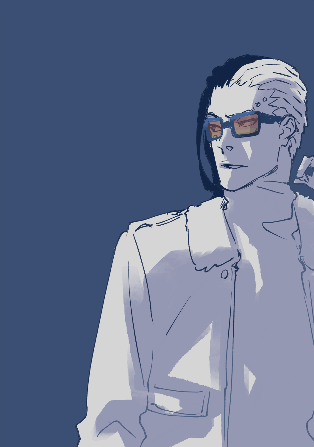 1boy black_hair bleach bleach:_sennen_kessen-hen fur-trimmed_jacket fur_trim glasses highres jacket kubo_tite long_sleeves luders_freigen male_focus multicolored_hair orange-tinted_eyewear partially_colored short_hair solo tinted_eyewear two-tone_hair white_hair