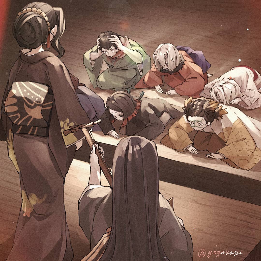 3girls 5boys artist_name bad_id bad_pixiv_id black_hair black_jacket black_kimono demon_girl demon_horns enmu_(kimetsu_no_yaiba) green_kimono horns instrument jacket japanese_clothes kamanue_(kimetsu_no_yaiba) kibutsuji_muzan kibutsuji_muzan_(female) kimetsu_no_yaiba kimono long_hair mukago_(kimetsu_no_yaiba) multiple_boys multiple_girls music nakime_(kimetsu_no_yaiba) obi playing_instrument purple_kimono red_kimono rokuro_(kimetsu_no_yaiba) rui_(kimetsu_no_yaiba) sash short_hair standing twitter_username wakuraba_(kimetsu_no_yaiba) white_hair white_kimono wooden_floor yellow_kimono yogukasu