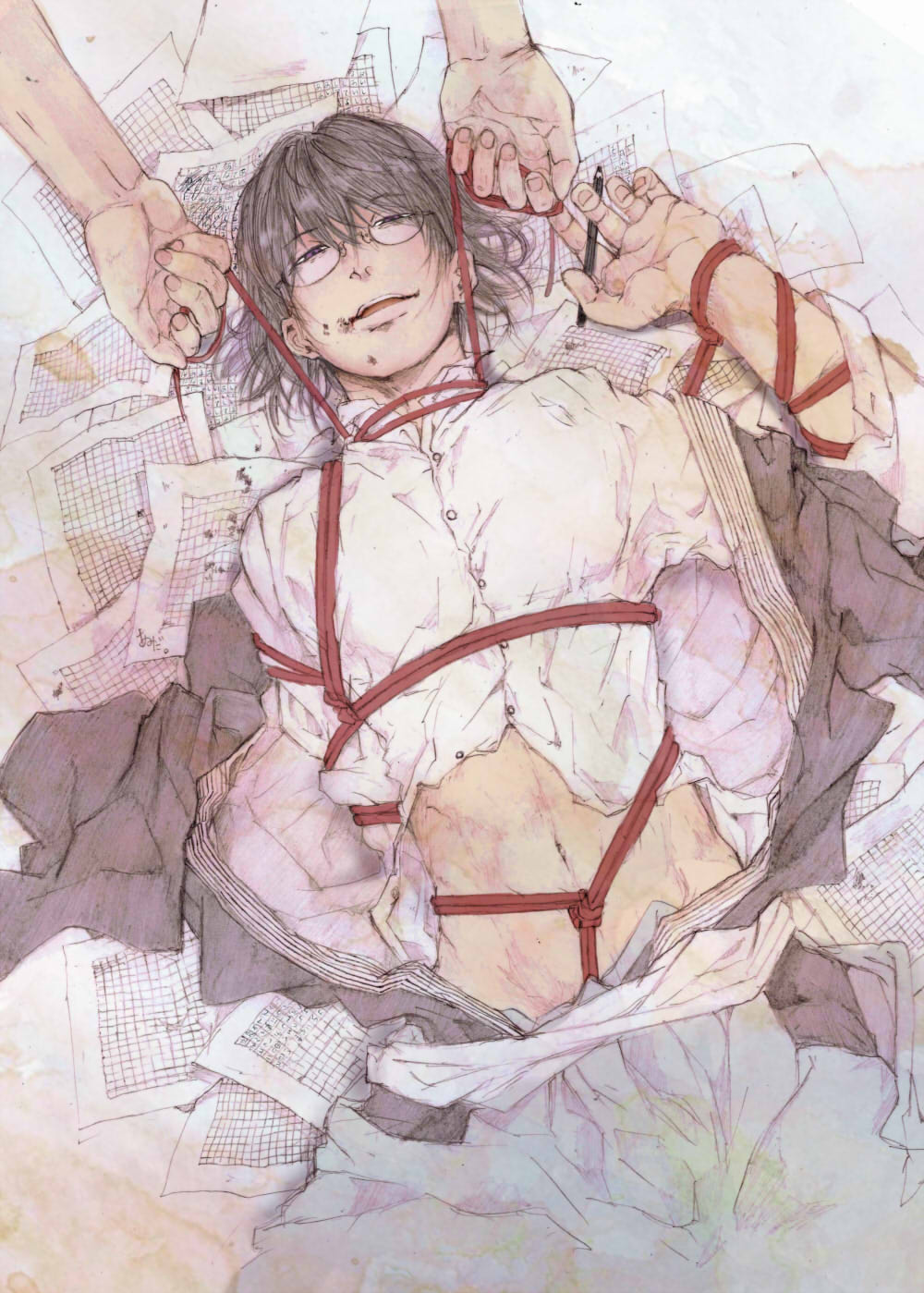 2boys arm_behind_back bdsm black_eyes black_hair black_jacket black_kimono blanket blazer bondage bound bound_arms bound_thighs bound_torso bound_wrists bruise_on_stomach crotch_rope crumpled_paper dirty dirty_clothes dirty_face dress_shirt facing_another facing_viewer glass glasses graph_paper grey_pants highres holding holding_pen holding_pencil holding_rope indoors jacket japanese_clothes kimono looking_at_viewer lying male_focus midriff midriff_peek mojyainu multiple_boys on_back on_ground open_clothes open_hand open_jacket open_shirt original pants paper partially_undressed pen pencil pov red_rope restrained rope rope_around_neck semi-rimless_eyewear shibari shirt sleeves_rolled_up strangling torn_clothes torn_jacket torn_shirt traditional_media under_covers undressing unworn_jacket white_background