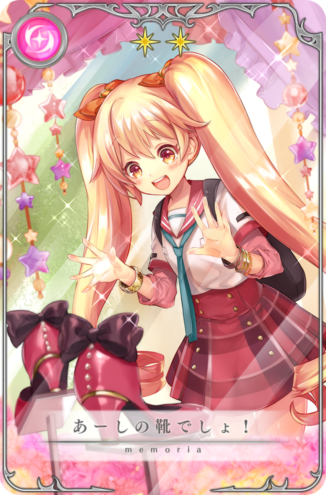 1girl backpack bag black_bag black_bow blonde_hair blue_necktie bow bracelet buttons card_(medium) cowboy_shot curtains double-breasted drill_hair eyelashes footwear_bow game_cg gold_bracelet hair_bow hand_on_window high-waist_skirt high_heels jewelry kamihama_university_affiliated_school_uniform kisaki_emiri layered_sleeves light_blush long_hair long_sleeves looking_at_object magia_record:_mahou_shoujo_madoka_magica_gaiden mahou_shoujo_madoka_magica multiple_bracelets necktie nyan_puu official_art open_mouth orange_bow palms picture_frame pink_shoes pink_sleeves plaid_clothes plaid_skirt pleated_skirt pocket red_eyes red_sailor_collar red_skirt sailor_collar school_uniform serafuku shirt shoes short_over_long_sleeves short_sleeves skirt smile solo sparkle star_(symbol) stiletto_heels teeth translated twin_drills twintails unworn_shoes upper_teeth_only very_long_hair white_shirt window