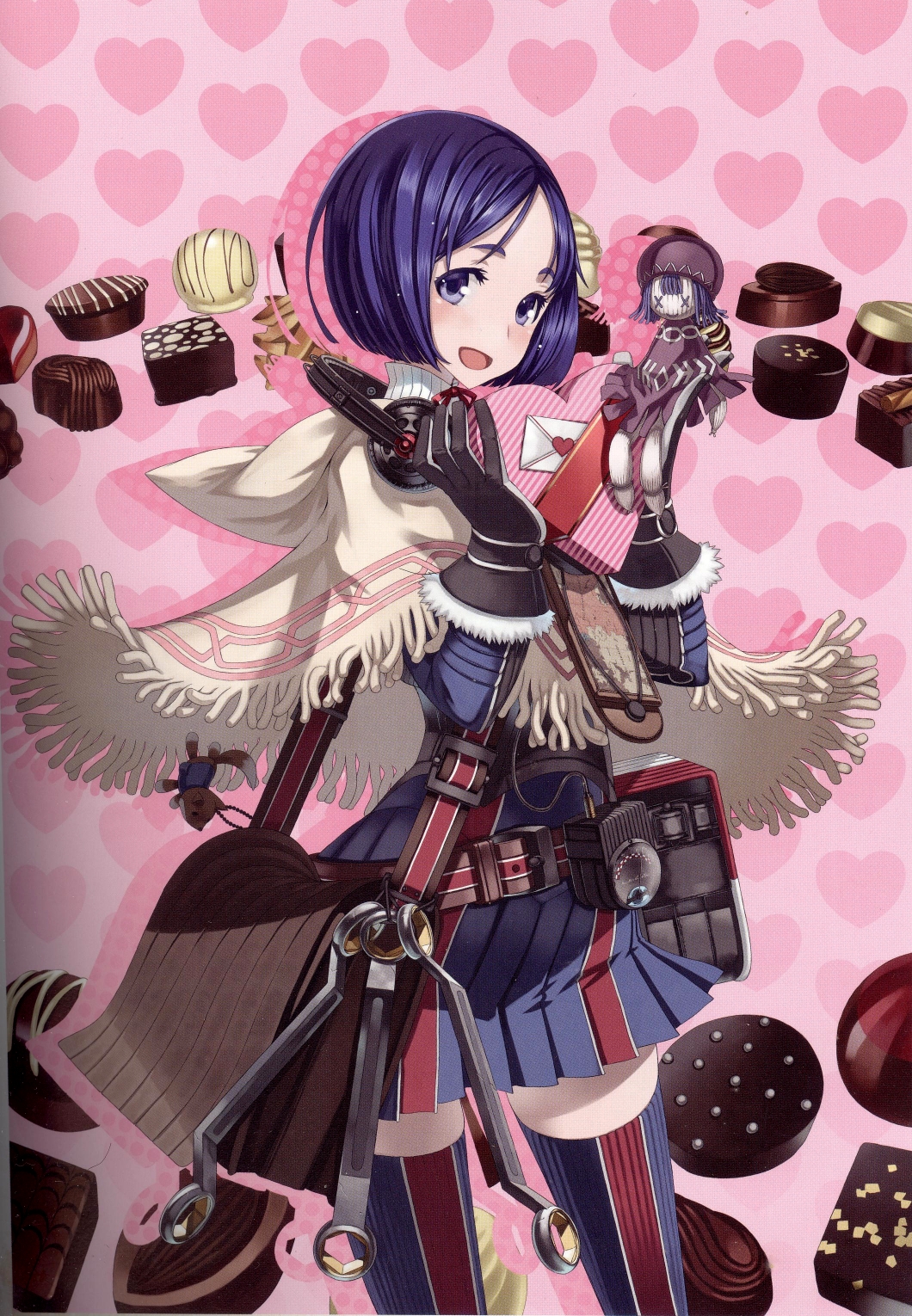 00s 1girl bag belt blonde_hair blue_eyes chocolate compass female_focus fringe_trim fur_trim gift gloves headphones headphones_around_neck heart highres holding honjou_raita isara_gunther looking_at_viewer open_mouth pleated_skirt poncho puppet satchel scan scan_artifacts senjou_no_valkyria senjou_no_valkyria_(series) senjou_no_valkyria_1 shawl short_hair shoulder_bag skirt smile socket_wrench solo striped_clothes striped_thighhighs thighhighs valentine vertical-striped_clothes vertical-striped_thighhighs wrench zettai_ryouiki