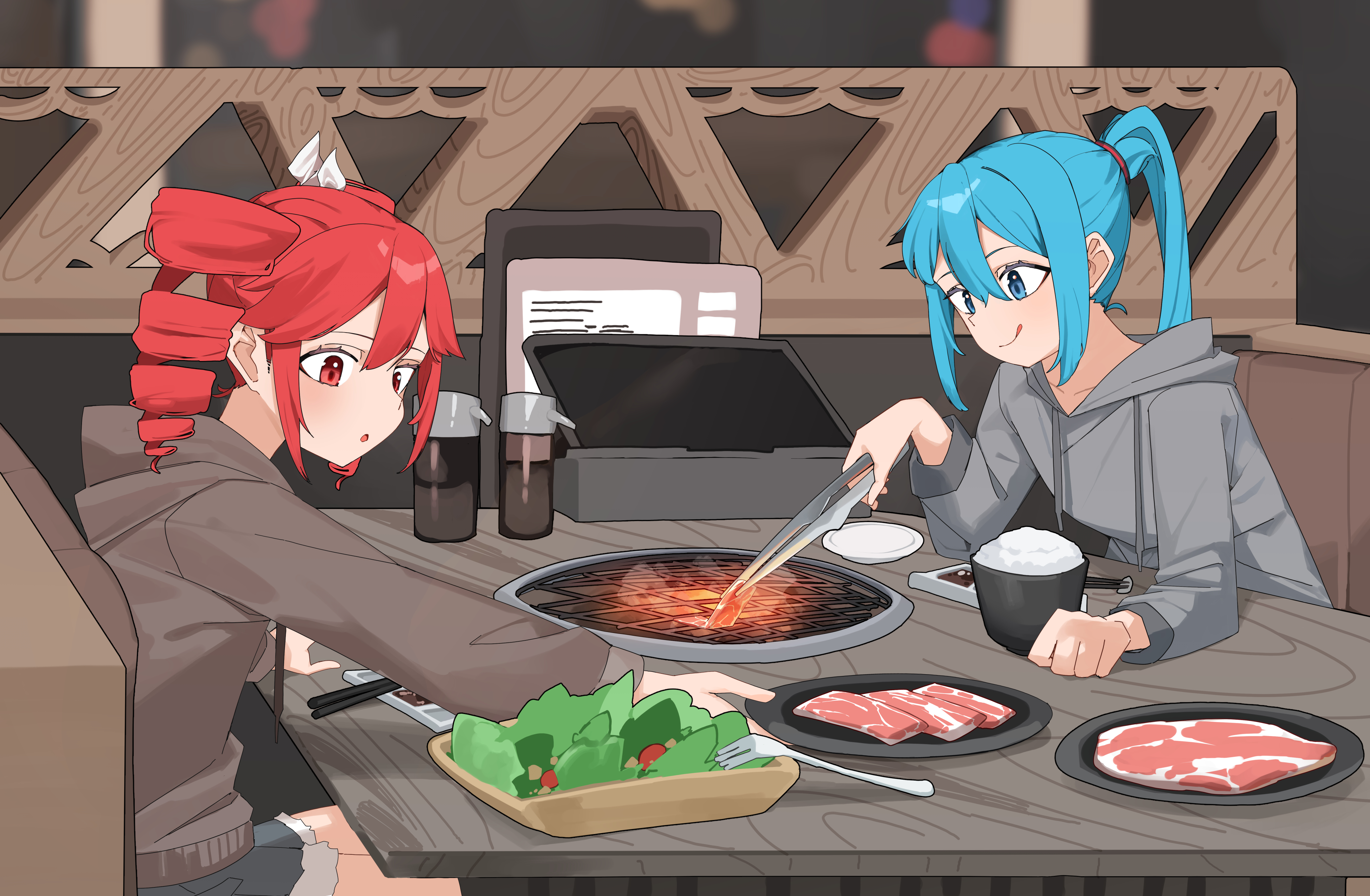 2girls :o absurdres alternate_costume bench booth_seating bow bowl double-parted_bangs drill_hair fork grey_sweater grill hair_between_eyes hair_bow hair_ribbon half-split_chopsticks hatsune_miku highres holding hood hooded_sweater kasane_teto kasane_teto_(sv) lettuce looking_at_food meal multiple_girls nun178089 open_mouth red_eyes red_hair restaurant ribbon rice sitting sweater synthesizer_v tomato tongs tongue tongue_out twin_drills utau vocaloid white_bow yakiniku
