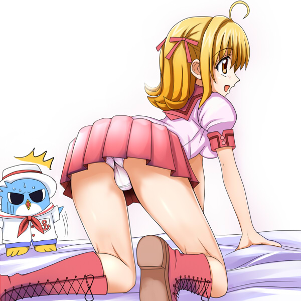00s 1girl all_fours ass bird blonde_hair boots brown_eyes hippo_(mermaid_melody_pichi_pichi_pitch) kneepits mermaid_melody_pichi_pichi_pitch miru nanami_lucia panties pantyshot penguin school_uniform serafuku short_hair skirt trefoil underwear white_panties