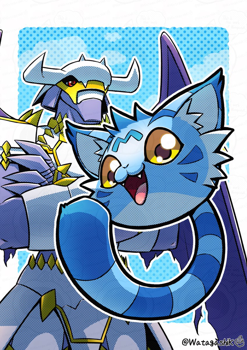 armor blue_background blue_fur body_fur crossed_arms digimon digimon_(creature) dynasmon halftone hiragana_digimon_royal_knights_monogatari red_eyes simple_background twitter_username wanyamon watagashikn white_armor yellow_eyes