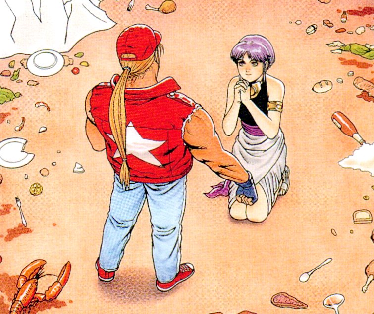 1990s_(style) 1boy 1girl bare_shoulders baseball_cap blonde_hair bracelet crayfish denim fatal_fury fatal_fury:_the_motion_picture fingerless_gloves food gloves hat jacket jeans jewelry long_hair mori_toshiaki muscular muscular_male neo_geo official_art pants ponytail purple_hair retro_artstyle shoes sneakers snk star_(symbol) sulia_gaudeamus terry_bogard