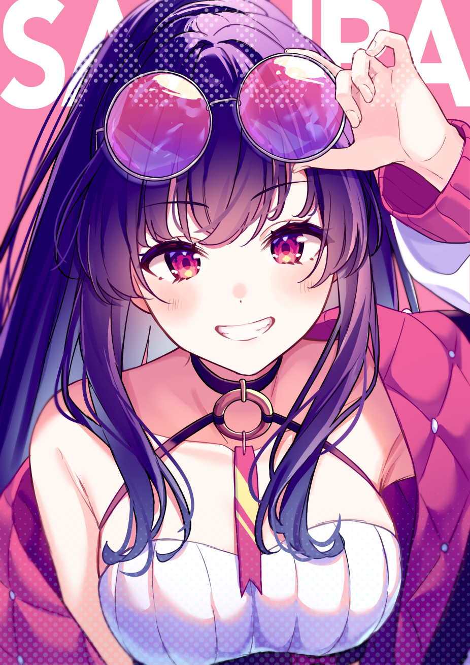 1girl adjusting_eyewear bare_shoulders black_choker blush breasts choker collarbone commentary grin highres jacket large_breasts long_hair long_sleeves looking_at_viewer lq_saku open_clothes open_jacket original purple_hair red_background red_eyes red_jacket round_eyewear smile solo sunglasses upper_body
