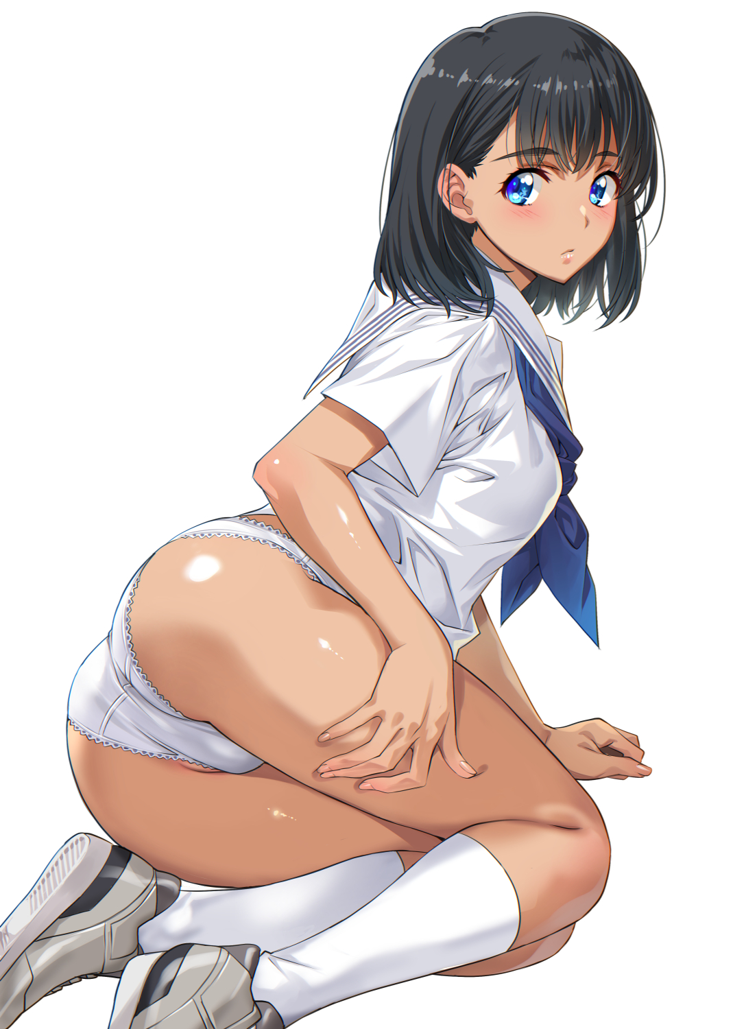 1girl :/ arm_support ass black_hair blue_eyes blush commentary_request full_body highres kofune_mio looking_at_viewer nagayori panties sailor_collar school_uniform shirt shoes short_hair short_sleeves sitting sneakers socks solo summertime_render thick_eyebrows thighs underwear white_panties white_sailor_collar white_shirt white_shoes white_socks yokozuwari