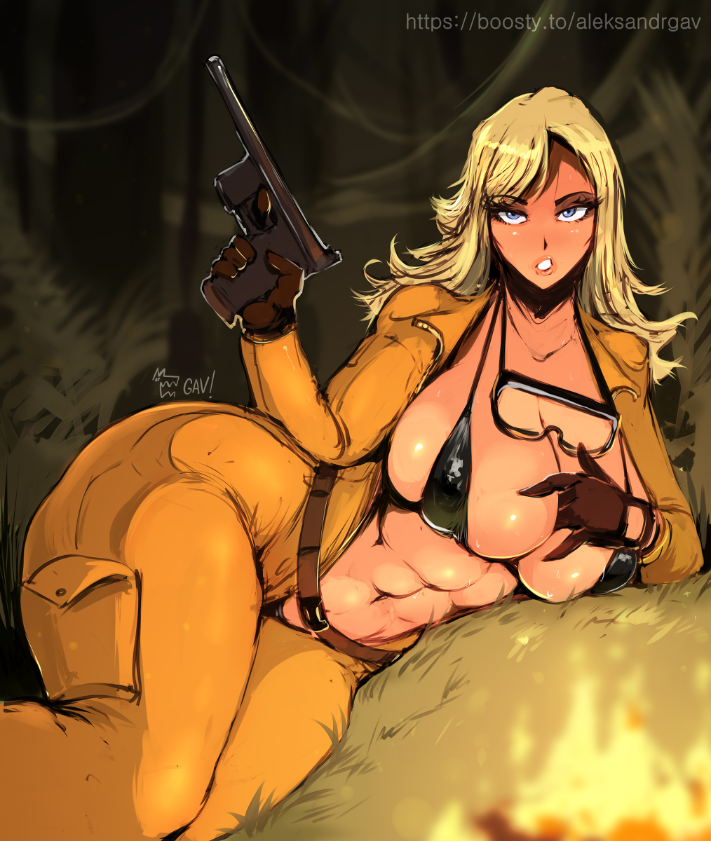 abs aleksandr_gav blonde_hair breasts eva_(metal_gear) gloves goggles gun handgun highres jumpsuit large_breasts mauser_c96 metal_gear_(series) shansi_type_17 watermark weapon web_address wide_hips