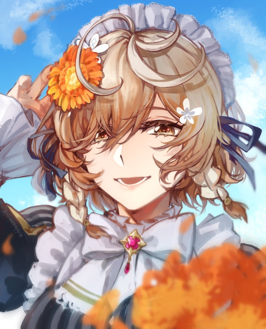 1girl blue_sky blurry braid brown_eyes brown_hair commentary depth_of_field falling_leaves flower hair_flower hair_ornament jin_(pineeeapple) klara_charmwood leaf looking_at_viewer maid maid_headdress medium_hair nijisanji nijisanji_en open_mouth sky solo symbol-only_commentary triple_ahoge twin_braids virtual_youtuber