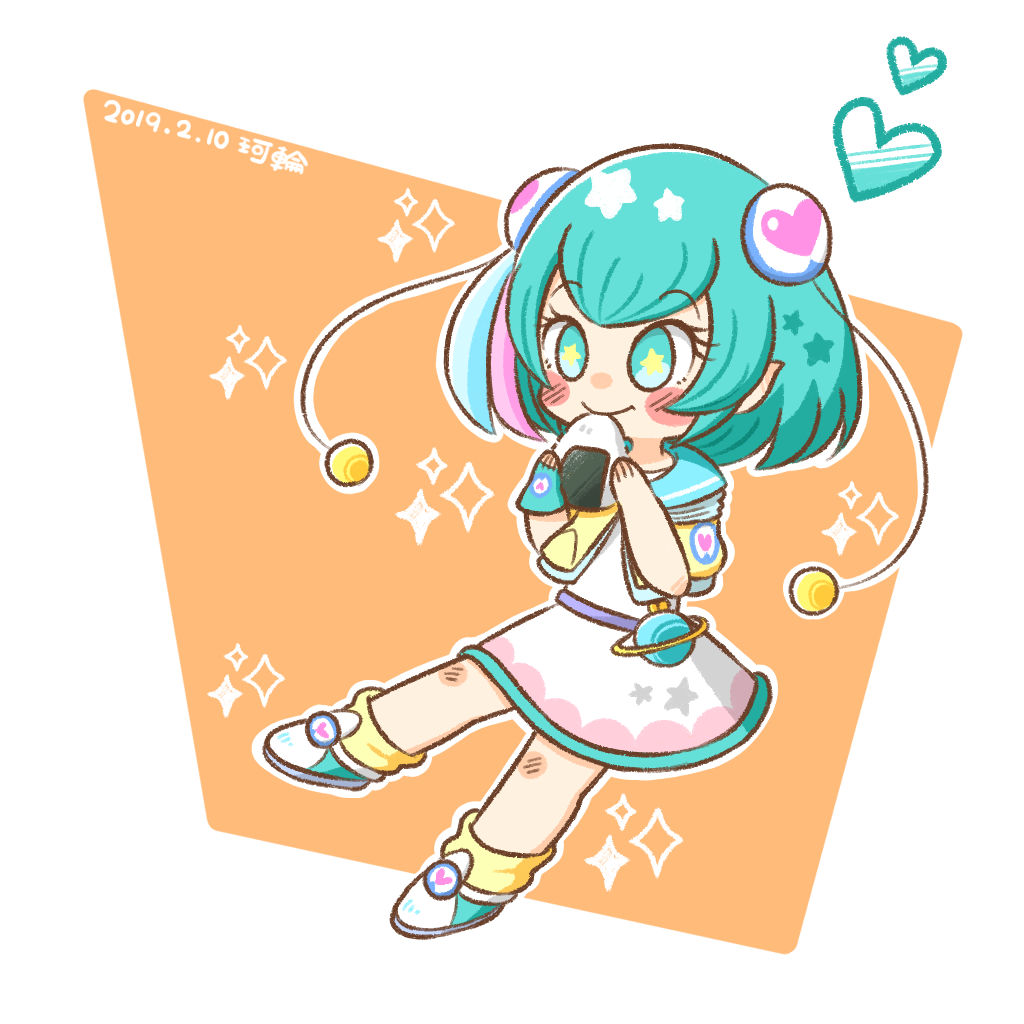 1girl blue_footwear blue_hair dated eyelashes food full_body hagoromo_lala heart jacket karin_(100100) onigiri pointy_ears precure shirt short_hair skirt smile socks solo star_(symbol) star_in_eye star_twinkle_precure symbol_in_eye white_shirt white_skirt yellow_socks
