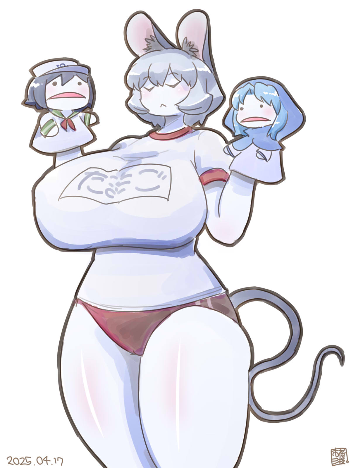 1girl :< alternate_breast_size alternate_costume animal_ear_fluff animal_ears blush breasts buruma closed_eyes closed_mouth colored_skin commentary_request cookie_(touhou) cowboy_shot dated flour_(cookie) grey_hair gym_uniform hand_puppet highres huge_breasts impossible_clothes impossible_shirt itini-sanshi kumoi_ichirin milk_(cookie) mouse_ears mouse_girl mouse_tail murasa_minamitsu name_tag nazrin nyon_(cookie) puppet red_buruma shirt short_hair simple_background solo t-shirt tail touhou white_background white_shirt white_skin