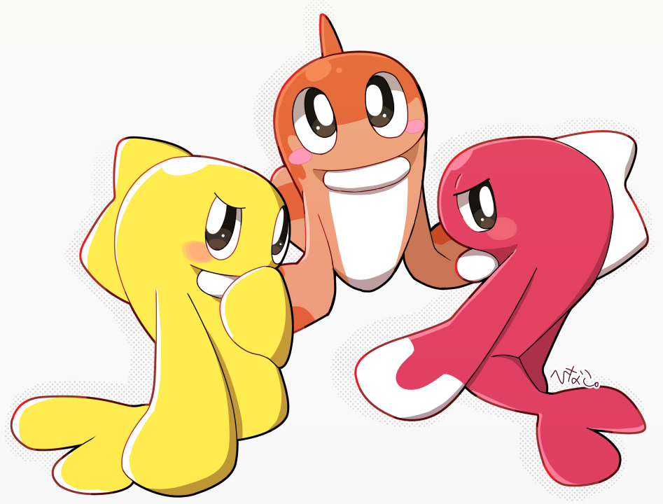 blush blush_stickers bright_pupils brown_eyes fish hinako_iroiro looking_at_viewer looking_back nintendo no_humans pokemon pokemon_(creature) tatsugiri tatsugiri_(curly) tatsugiri_(droopy) tatsugiri_(stretchy) white_pupils