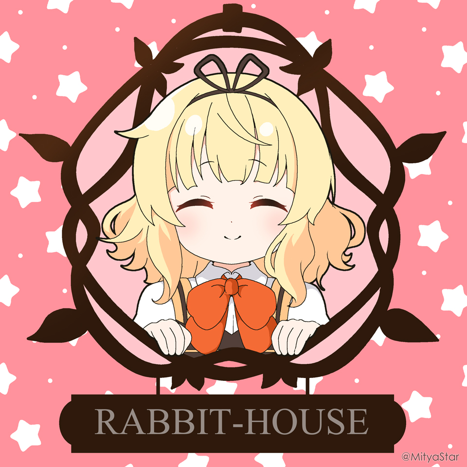1girl blonde_hair blush bow bowtie closed_mouth collared_shirt facing_viewer gochuumon_wa_usagi_desu_ka? kirima_syaro metro-goldwyn-mayer mitya parody pink_background red_bow red_bowtie shirt short_hair smile solo star_(symbol) star_symbol_background straight-on twitter_username white_shirt