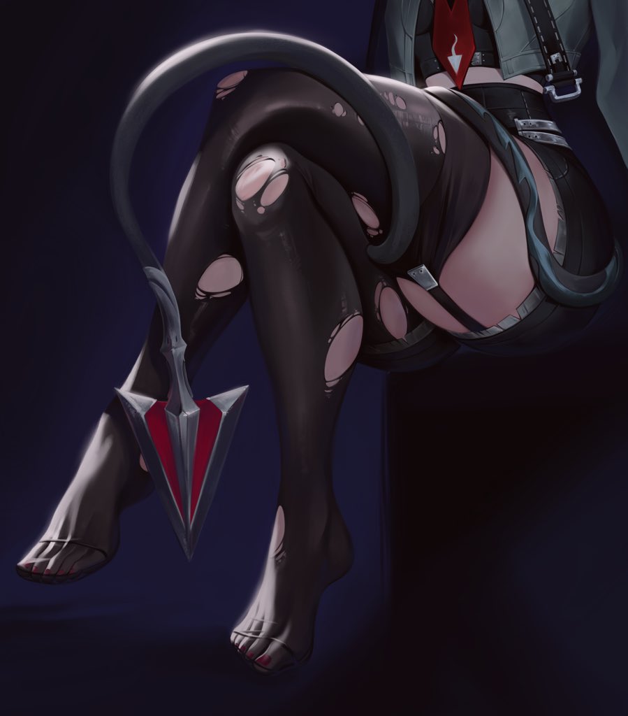 1girl black_thighhighs commentary crossed_legs garter_straps grey_jacket jacket jane_doe_(zenless_zone_zero) lunart midriff nail_polish no_shoes red_nails sitting solo tail thighhighs thighs toenail_polish toenails torn_clothes torn_thighhighs zenless_zone_zero