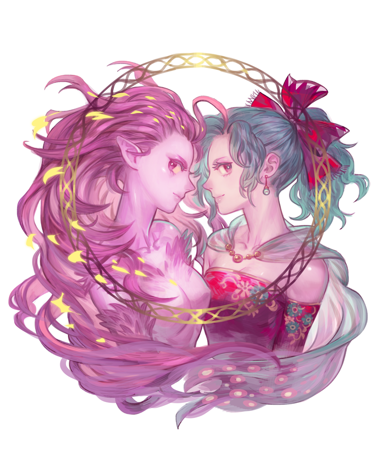 breasts cape closed_mouth colored_skin commentary detached_sleeves dress dual_persona earrings final_fantasy final_fantasy_vi green_hair jewelry long_hair looking_at_viewer monster_girl pink_hair pink_skin ponytail prema-ja simple_background tina_branford trance_terra_branford white_background