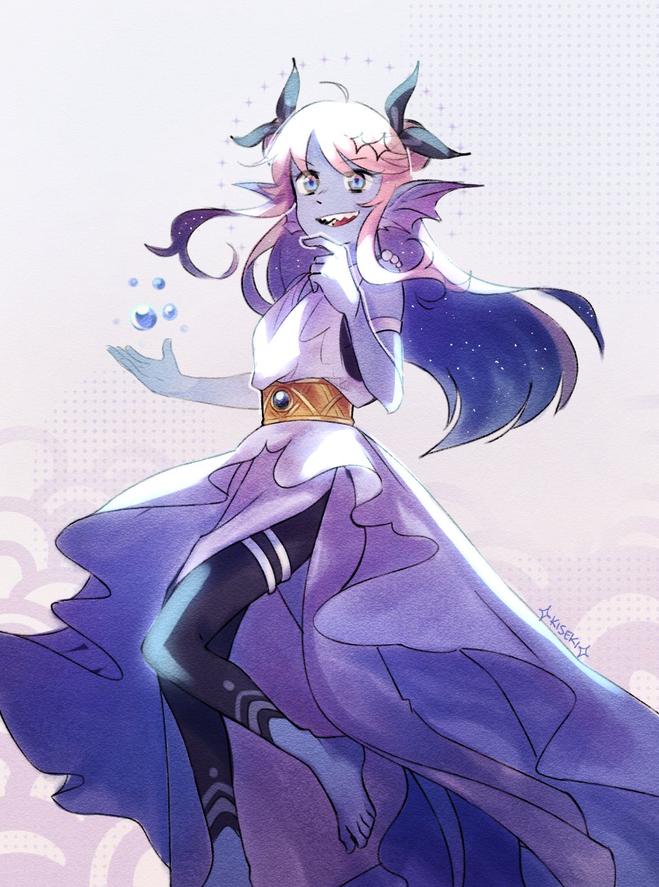 1girl abstract_background barefoot blue_eyes bubble colored_skin double_bun dress empires_smp fins fish_girl hair_bun head_fins highres kisekiii_25 ldshadowlady ldshadowlady_(ocean_queen) looking_at_viewer minecraft_youtube pink_hair purple_skin sharp_teeth signature solo teeth white_dress