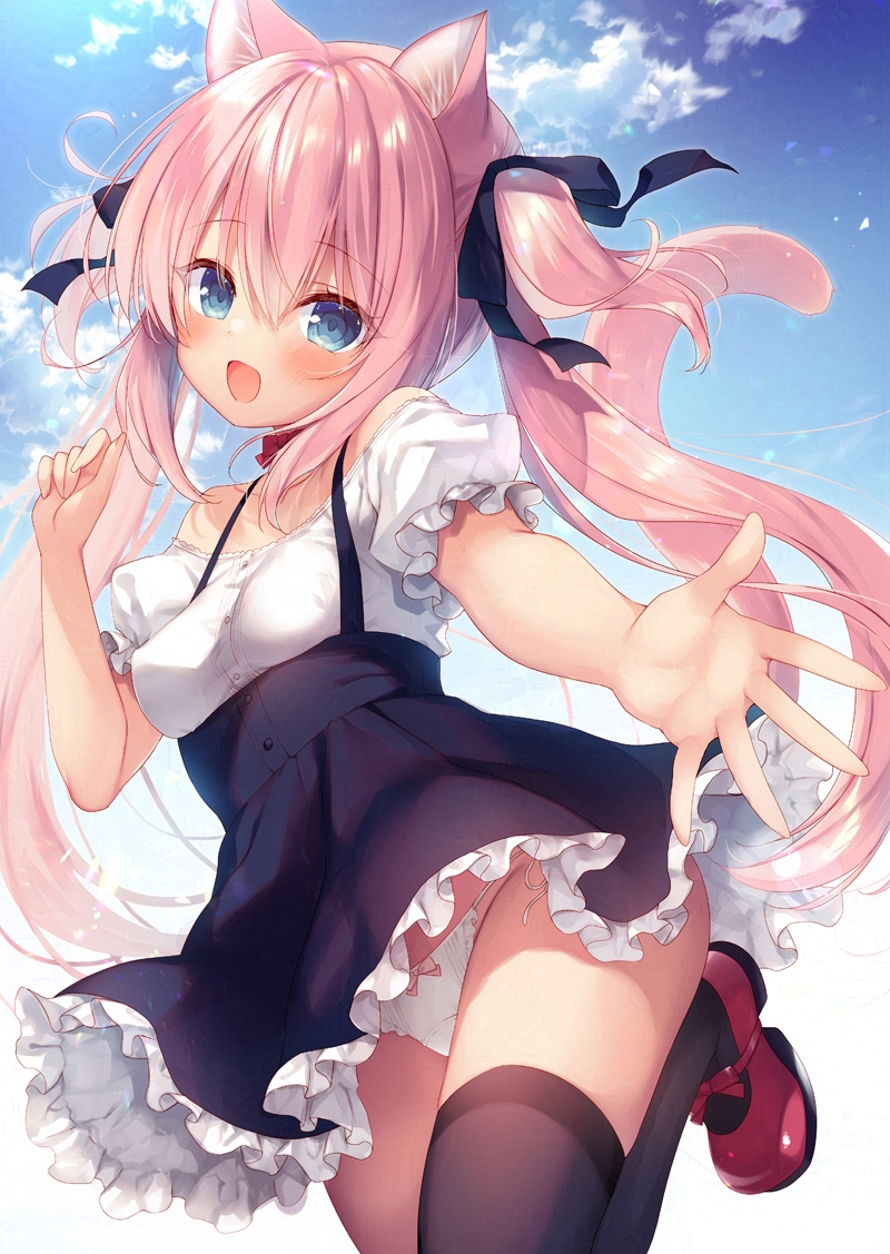 1girl :d animal_ear_fluff animal_ears black_bow black_skirt black_thighhighs blue_eyes blue_sky boku_no_risou_no_isekai_seikatsu bow bow_panties breasts cat_ears cat_girl cat_tail cloud commentary_request day frilled_panties frilled_skirt frills hair_between_eyes hair_bow high-waist_skirt long_hair looking_at_viewer misia_(ichiri) off-shoulder_shirt off_shoulder open_mouth outdoors panties pink_hair puffy_short_sleeves puffy_sleeves red_bow red_shoes sazaki_ichiri shirt shoes short_sleeves side-tie_panties skirt sky small_breasts smile solo suspender_skirt suspenders tail thighhighs twintails two_side_up underwear very_long_hair white_panties white_shirt