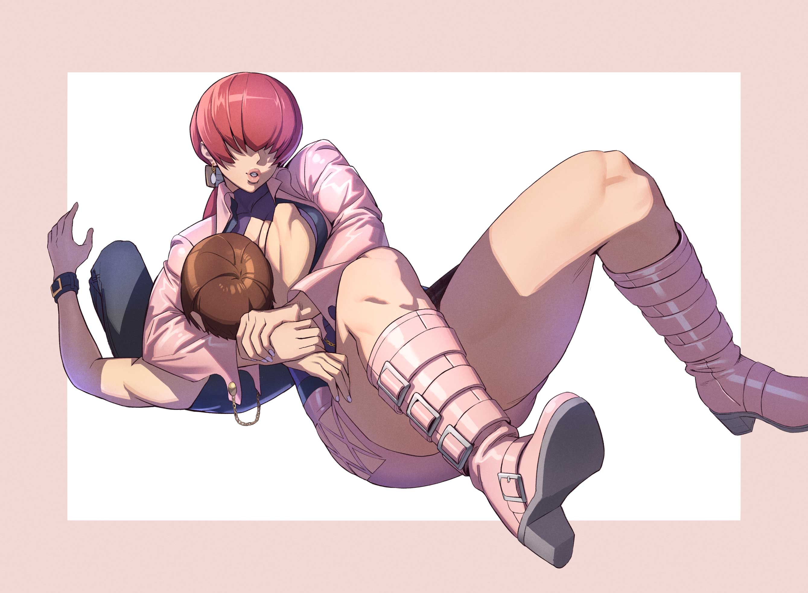 1girl boots breasts brown_hair chain_belt chris_(kof) cleavage cleavage_cutout clothing_cutout covered_eyes cropped_jacket earrings hair_over_eyes highres jacket jewelry large_breasts lips lipstick long_hair makeup miniskirt ogami pink_boots pink_jacket ponytail red_hair shermie_(kof) skirt snk split_ponytail the_king_of_fighters the_king_of_fighters_'97 thighs
