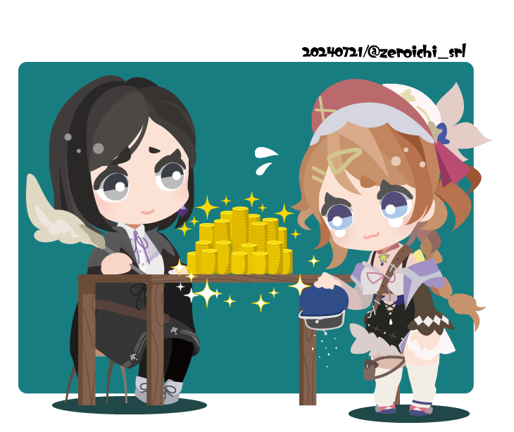 01_(zeroichi_srl) 2girls atelier_(series) atelier_ayesha atelier_resleriana black_coat black_hair blue_background blue_eyes border braid brown_hair chibi chibi_only closed_mouth coat dated empty_wallet flying_sweatdrops full_body hair_ornament hairclip hat holding holding_quill holding_wallet long_hair marion_quinn money multiple_girls pink_hat quill resna_sternenlicht short_hair sitting smile sparkle standing table tearing_up tears twitter_username wallet white_border