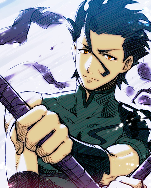1boy black_hair diarmuid_ua_duibhne_(fate) diarmuid_ua_duibhne_(lancer)_(fate) fate/stay_night fate/zero fate_(series) itsuki_(nightlight) male_focus orange_eyes polearm solo weapon