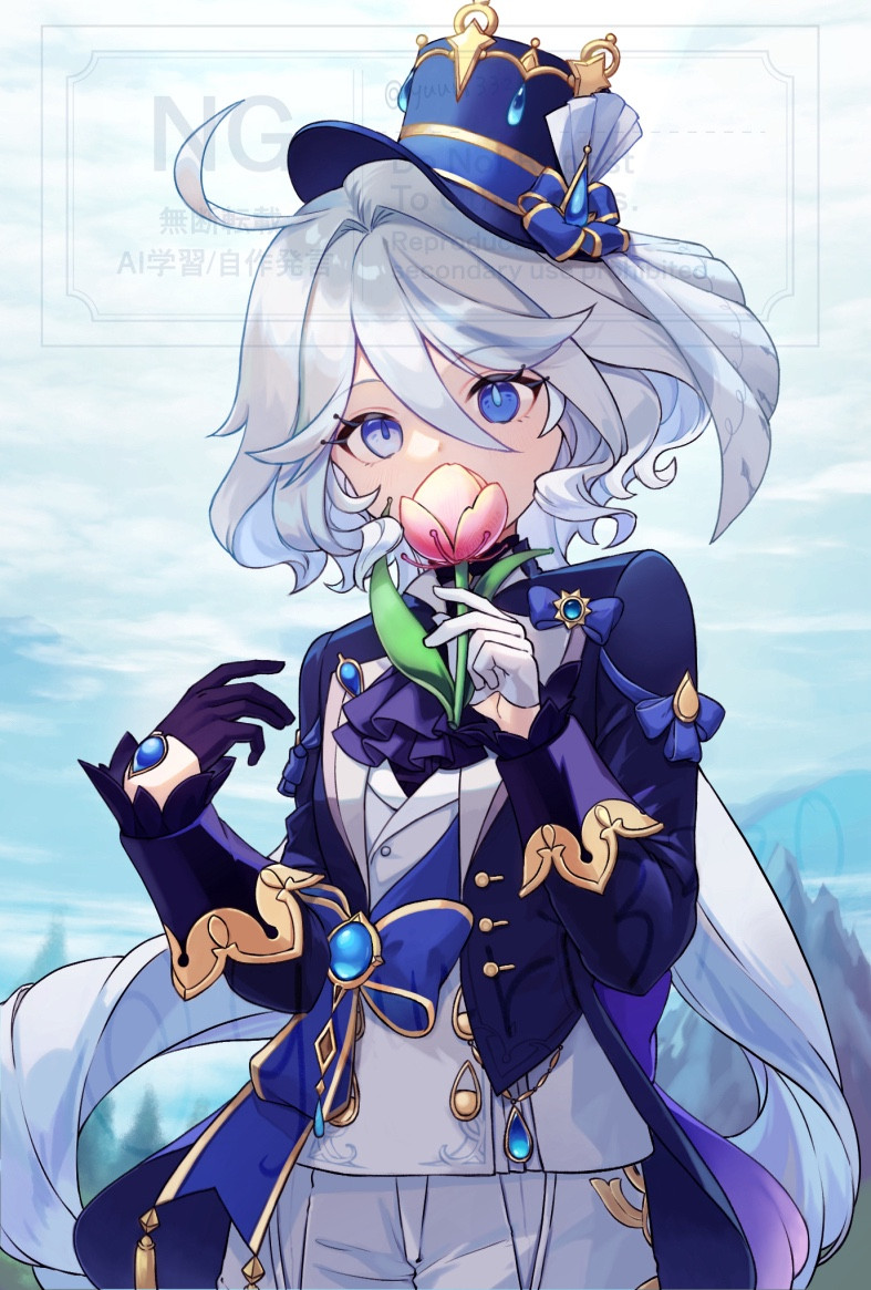 1girl asymmetrical_gloves blue_bow blue_eyes blue_hat blue_jacket bow cloud cowboy_shot day flower furina_(genshin_impact) genshin_impact gloves hair_between_eyes hat heterochromia holding holding_flower jacket long_sleeves looking_at_viewer mismatched_gloves open_clothes open_jacket outdoors purple_gloves shirt short_hair solo top_hat watermark white_gloves white_hair white_shirt yu_ri_0320