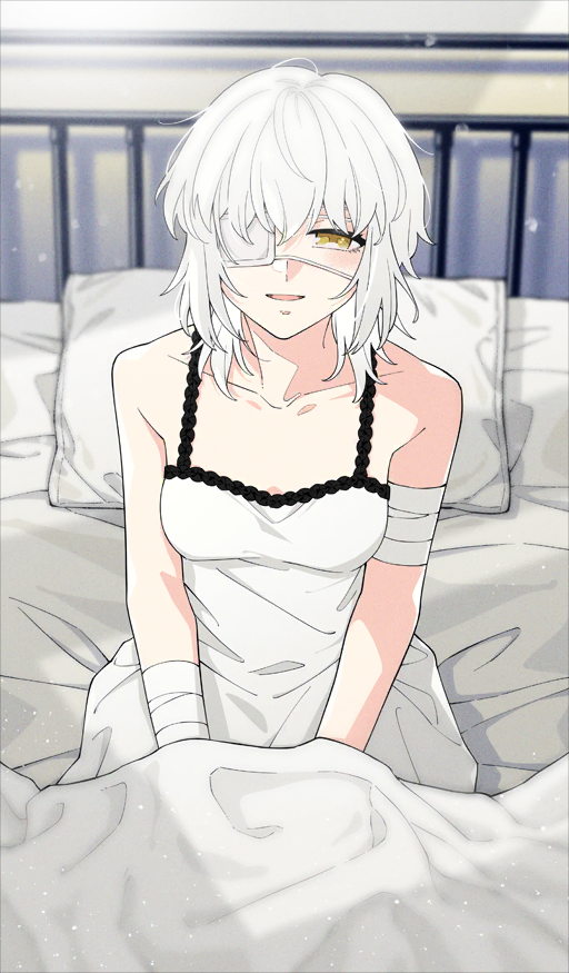 1girl bandaged_arm bandages bare_shoulders breasts chemise claudia_hortensia collarbone commentary_request cowboy_shot eyepatch fate/grand_order fate/zero fate_(series) game_cg hands_on_lap looking_at_viewer medical_eyepatch medium_breasts medium_hair nakatani_(naka6130) official_art on_bed one_eye_covered parted_lips pillow sitting smile solo spaghetti_strap third-party_source white_chemise white_hair white_theme yellow_eyes