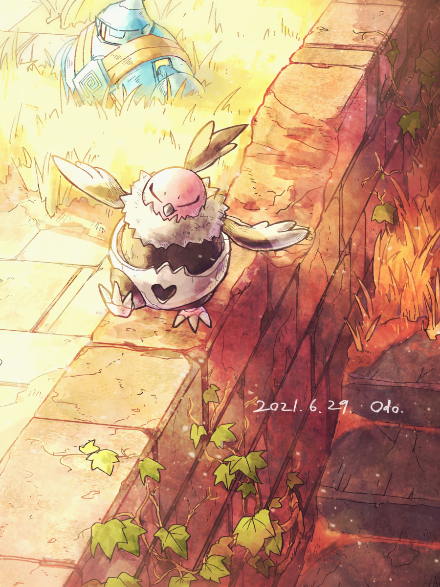 beak closed_eyes closed_mouth commentary_request dated day gen_5_pokemon golett highres leaf nintendo no_humans odo_7ta outdoors pokemon pokemon_(creature) standing vullaby