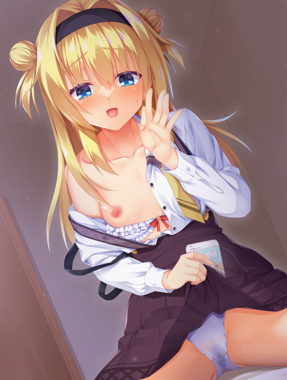 1girl 8kumagawa_(log) :d black_hairband blonde_hair blue_eyes blush bow bow_bra bra bra_pull breasts brown_skirt cameltoe cellphone chitose_sana clothes_lift clothes_pull collarbone collared_shirt commentary company_connection cosplay cowboy_shot double_bun dutch_angle eyes_visible_through_hair frilled_bra frills gluteal_fold hair_between_eyes hair_bun hair_intakes hairband hand_up heart heart_in_eye high-waist_skirt highres indoors lifting_own_clothes long_hair long_sleeves looking_at_viewer mesugaki necktie nipples one_breast_out open_clothes open_mouth open_shirt outstretched_hand panties phone pleated_skirt presenting pussy_juice_stain raised_eyebrows red_bow school_uniform shirt single_bare_shoulder sitting skirt skirt_lift small_breasts smartphone smile solo spread_legs strap_slip suspender_skirt suspenders sweatdrop symbol_in_eye tanikaze_amane tanikaze_amane_(cosplay) tenshi_souzou_re-boot! tenshinranman translated tsurime two_side_up underwear white_bra white_panties white_shirt yellow_necktie yuzu-soft