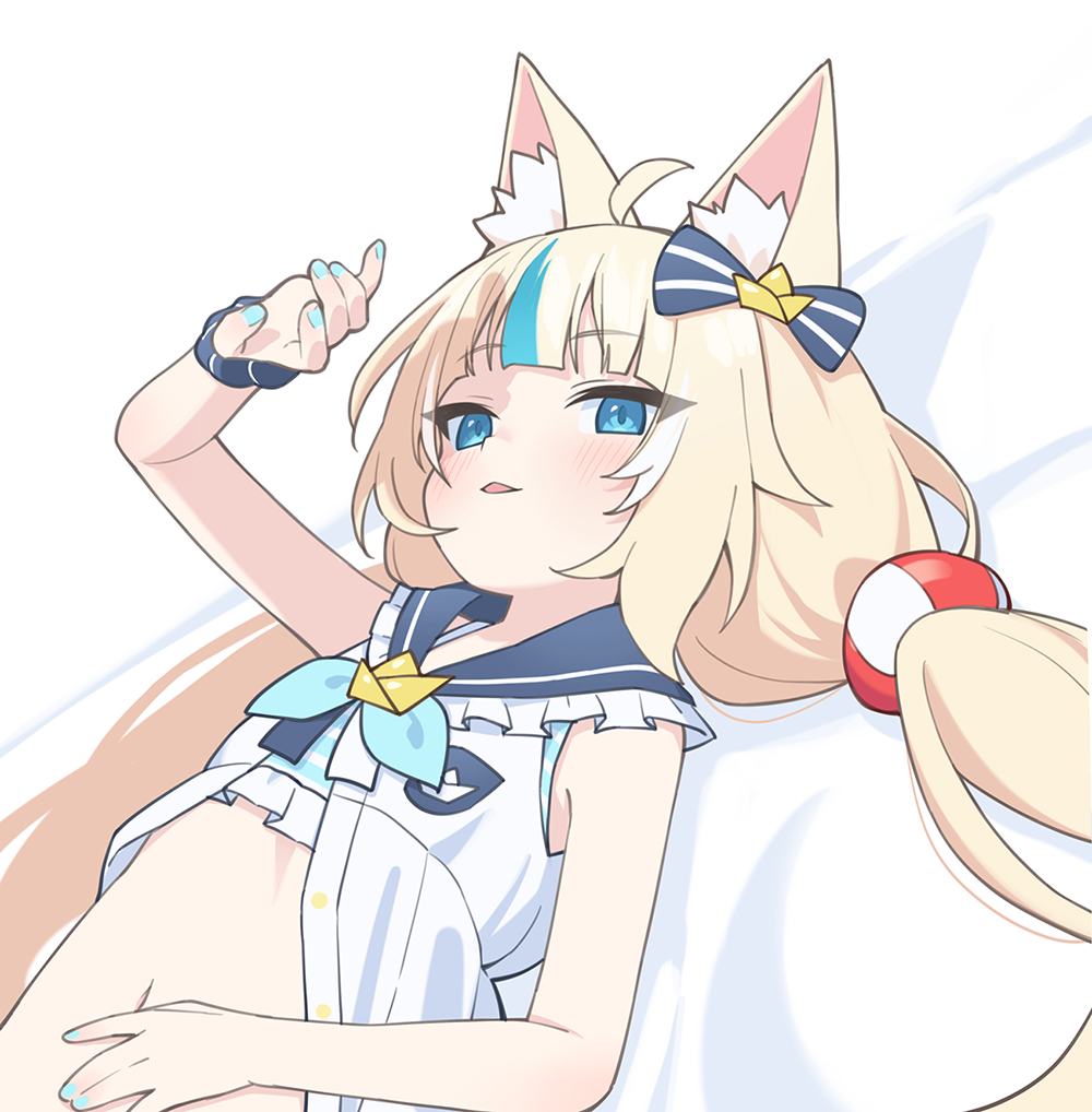 1girl ahoge animal_ear_fluff animal_ears arm_up bare_arms bed_sheet bikini blonde_hair blue_eyes blue_hair blue_nails blue_neckerchief blue_sailor_collar bow buttons cat_ears collar commentary dress frills hair_bow hair_ornament hand_on_own_stomach indie_virtual_youtuber korean_commentary lifebuoy_hair_ornament light_blush long_hair looking_at_viewer low_twintails lying multicolored_hair nail_polish navel neckerchief on_back open_mouth paper_boat parted_lips sailor_collar sameko_saba scrunchie sleeveless sleeveless_dress solo streaked_hair striped_bikini striped_clothes swimsuit translated twintails ugaaaa1 unbuttoned very_long_hair virtual_youtuber white_dress white_hair wrist_scrunchie