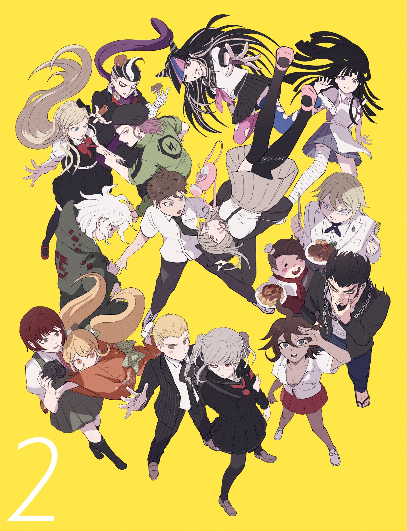 6+boys 6+girls ahoge bandaged_arm bandaged_leg bandages black_bow black_dress black_hair black_jacket black_serafuku black_thighhighs blonde_hair blue_eyes blue_hair blue_skirt blue_thighhighs bow bowtie braid brown_hair camera chain cham-p coat collared_shirt danganronpa_(series) danganronpa_2:_goodbye_despair dark-skinned_female dark_skin dress everyone food fork from_above glasses green_bow green_coat green_jumpsuit green_necktie grey_eyes grey_hair hair_ribbon hamster hanamura_teruteru highres hinata_hajime holding holding_camera holding_fork holding_plate jacket japanese_clothes jum-p jumpsuit kimono koizumi_mahiru komaeda_nagito kuzuryu_fuyuhiko long_hair looking_at_another looking_at_viewer looking_to_the_side looking_up maga-g mary_janes mioda_ibuki mismatched_thighhighs mt2_(sub_mmt) multicolored_hair multiple_boys multiple_girls nanami_chiaki neckerchief necktie nidai_nekomaru obi open_clothes open_jacket orange_eyes orange_kimono owari_akane partially_unbuttoned pekoyama_peko pink_eyes pink_hair pink_shirt pink_shoes pink_thighhighs plate pleated_skirt puffy_short_sleeves puffy_sleeves purple_eyes purple_scarf red_bow red_bowtie red_footwear red_hair red_neckerchief red_necktie red_skirt ribbon saionji_hiyoko sandals sash scar scar_across_eye scar_on_face scar_on_leg scarf school_uniform serafuku shirt shoes short_hair short_sleeves sideburns simple_background skirt soda_kazuichi sonia_nevermind streaked_hair striped_clothes sun-d tanaka_gundham thighhighs togami_byakuya_(danganronpa_2) torn_clothes torn_thighhighs tsumiki_mikan twin_braids twintails twitter_username two-tone_hair white_footwear white_hair white_ribbon white_shirt yellow_background