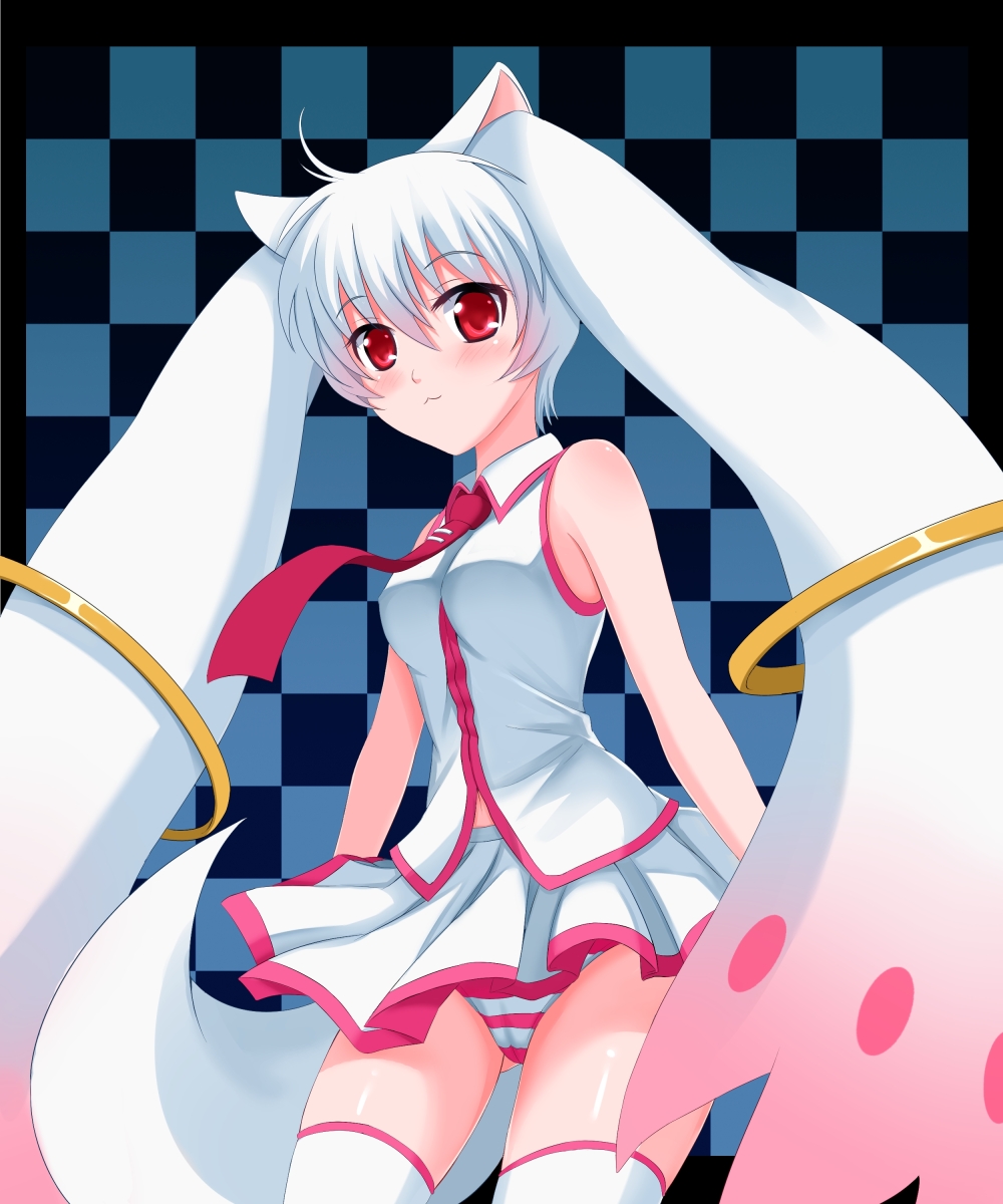 10s 1girl :3 bare_shoulders blush checkered_background female_focus hatsune_miku highres kyubey long_hair mahou_shoujo_madoka_magica mahou_shoujo_madoka_magica_(anime) navel necktie panties pantyshot personification pink_panties red_eyes short_hair skirt solo square-end_necktie striped_clothes striped_panties thighhighs twintails underwear upskirt very_long_hair vocaloid white_hair white_panties windtalker