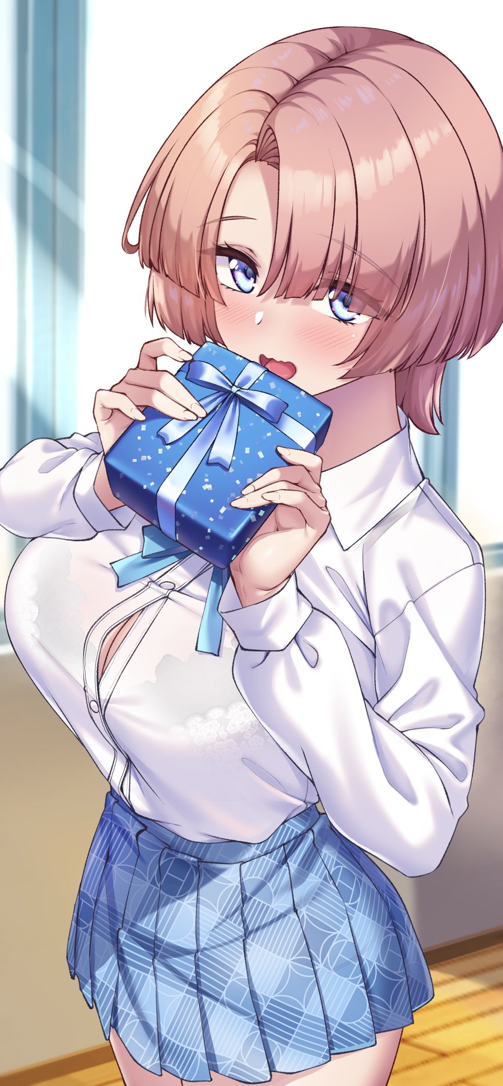 1girl arimura_mao black_bra blue_bow blue_bowtie blue_eyes blue_skirt blush bow bowtie box bra bra_visible_through_clothes breasts collared_shirt day floral_print_bra gakuen_idolmaster gift gift_box highres holding holding_gift idolmaster indoors large_breasts long_sleeves looking_at_viewer medium_hair open_mouth parted_bangs pink_hair pleated_skirt print_skirt shirokuma_a shirt skirt sleeves_past_wrists solo thighs underwear wavy_mouth white_shirt wooden_floor